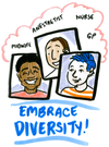 Three portaits of healthcare workers of differing ages, ethnicities and genders. Above, the words Midwife, Anesthetist, Nurse and GP are written. Below, the words EMBRACE DIVERSITY! appear in large writing.